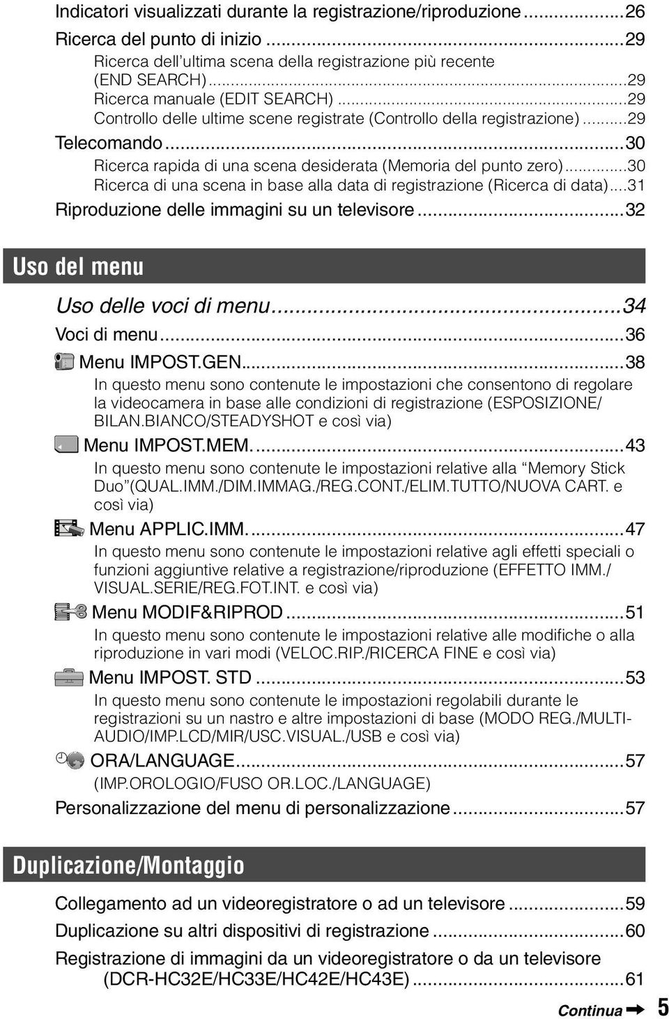 ..30 Ricerca di una scena in base alla data di registrazione (Ricerca di data)...31 Riproduzione delle immagini su un televisore...32 Uso del menu Uso delle voci di menu...34 Voci di menu.