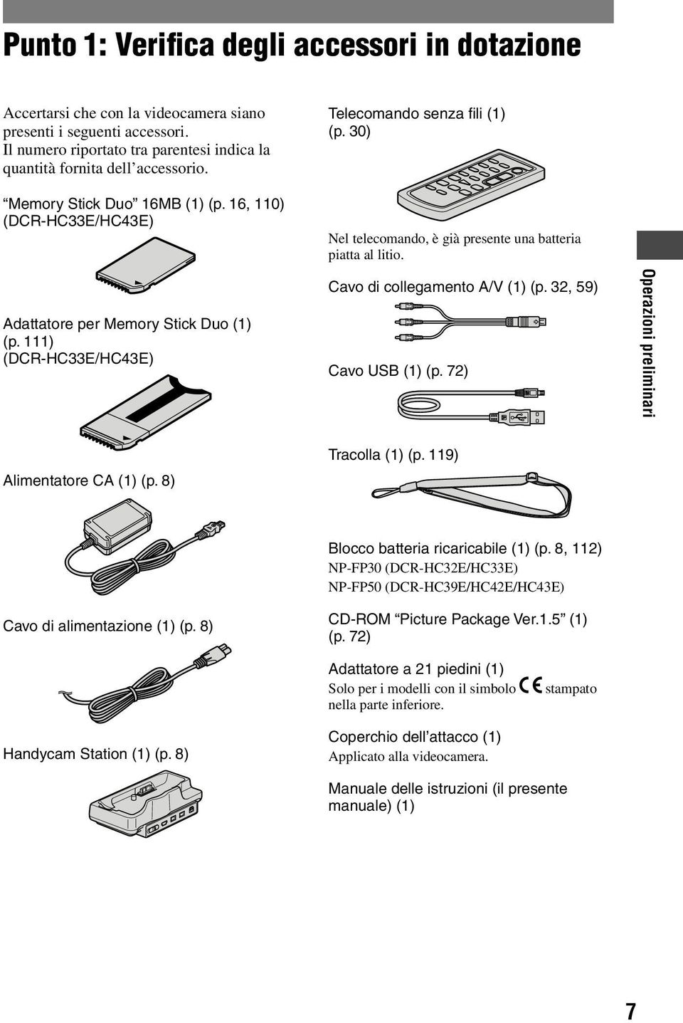 111) (DCR-HC33E/HC43E) Cavo di collegamento A/V (1) (p. 32, 59) Cavo USB (1) (p. 72) Operazioni preliminari Alimentatore CA (1) (p. 8) Tracolla (1) (p. 119) Cavo di alimentazione (1) (p.