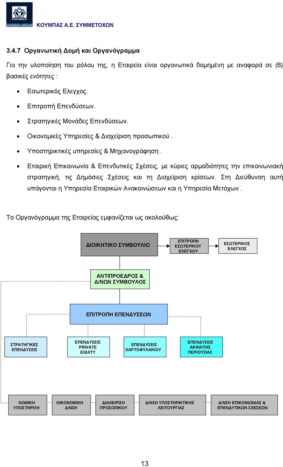 Εταιρική Επικοινωνία & Επενδυτικές Σχέσεις, µε κύριες αρµοδιότητες την επικοινωνιακή στρατηγική, τις ηµόσιες Σχέσεις και τη ιαχείριση κρίσεων.