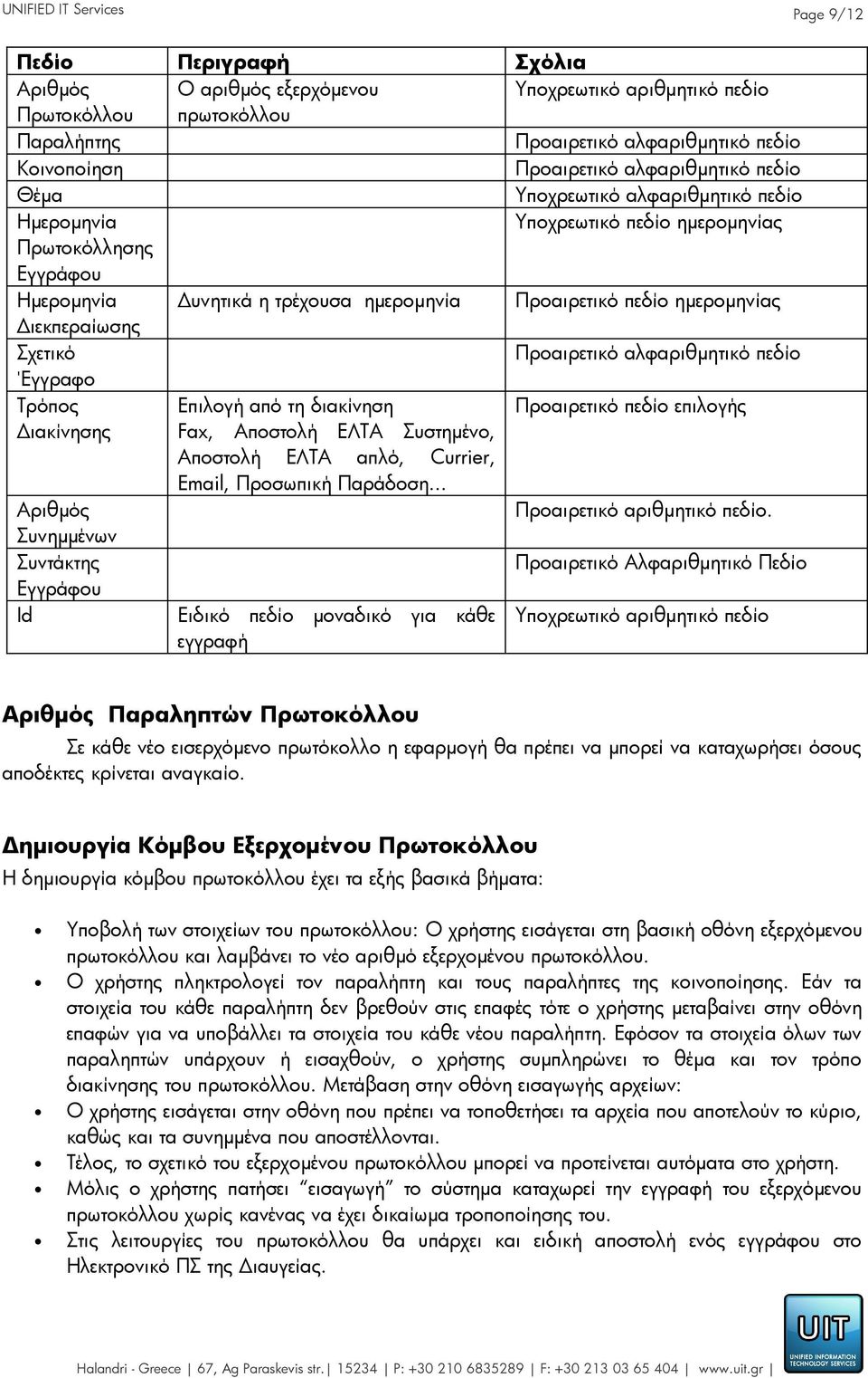 ημερομηνίας Διεκπεραίωσης Σχετικό Προαιρετικό αλφαριθμητικό πεδίο Έγγραφο Τρόπος Επιλογή από τη διακίνηση Προαιρετικό πεδίο επιλογής Διακίνησης Fax, Αποστολή ΕΛΤΑ Συστημένο, Αποστολή ΕΛΤΑ απλό,