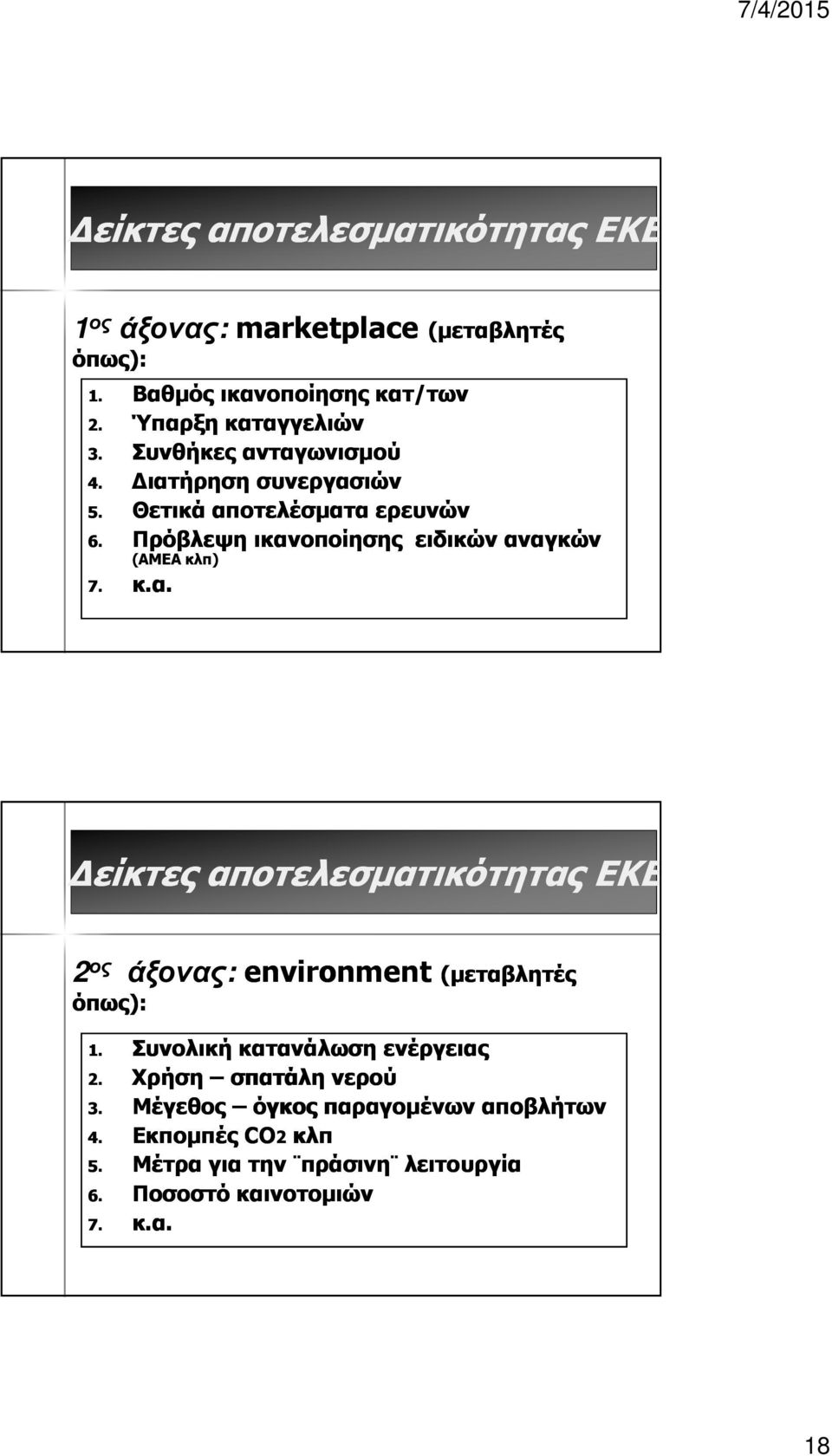 Συνολική κατανάλωση ενέργειας 2. Χρήση σπατάλη νερού 3. Μέγεθος όγκος παραγομένων αποβλήτων 4. Εκπομπές CO2 κλπ 5.