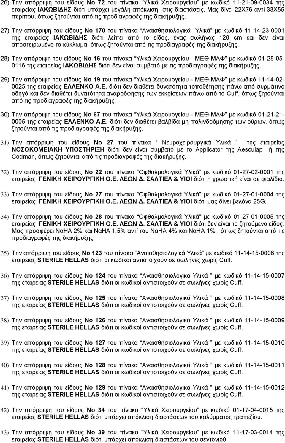 27) Την απόρριψη του είδους Νο 170 του πίνακα Αναισθησιολογικά Υλικά με κωδικό 11-14-23-0001 της εταιρείας ΙΑΚΩΒΙΔΗΣ διότι λείπει από το είδος, ένας σωλήνας 120 cm και δεν είναι αποστειρωμένο το