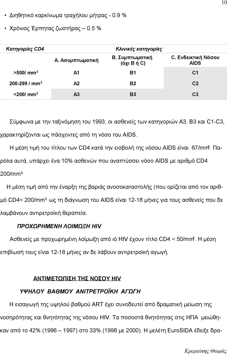 τη νόσο του AIDS. H μέση τιμή του τίτλου των CD4 κατά την εισβολή της νόσου AIDS είναι 67/mm 3. Παρόλα αυτά, υπάρχει ένα 10% ασθενών που αναπτύσσει νόσο AIDS με αριθμό CD4 200/mm 3.