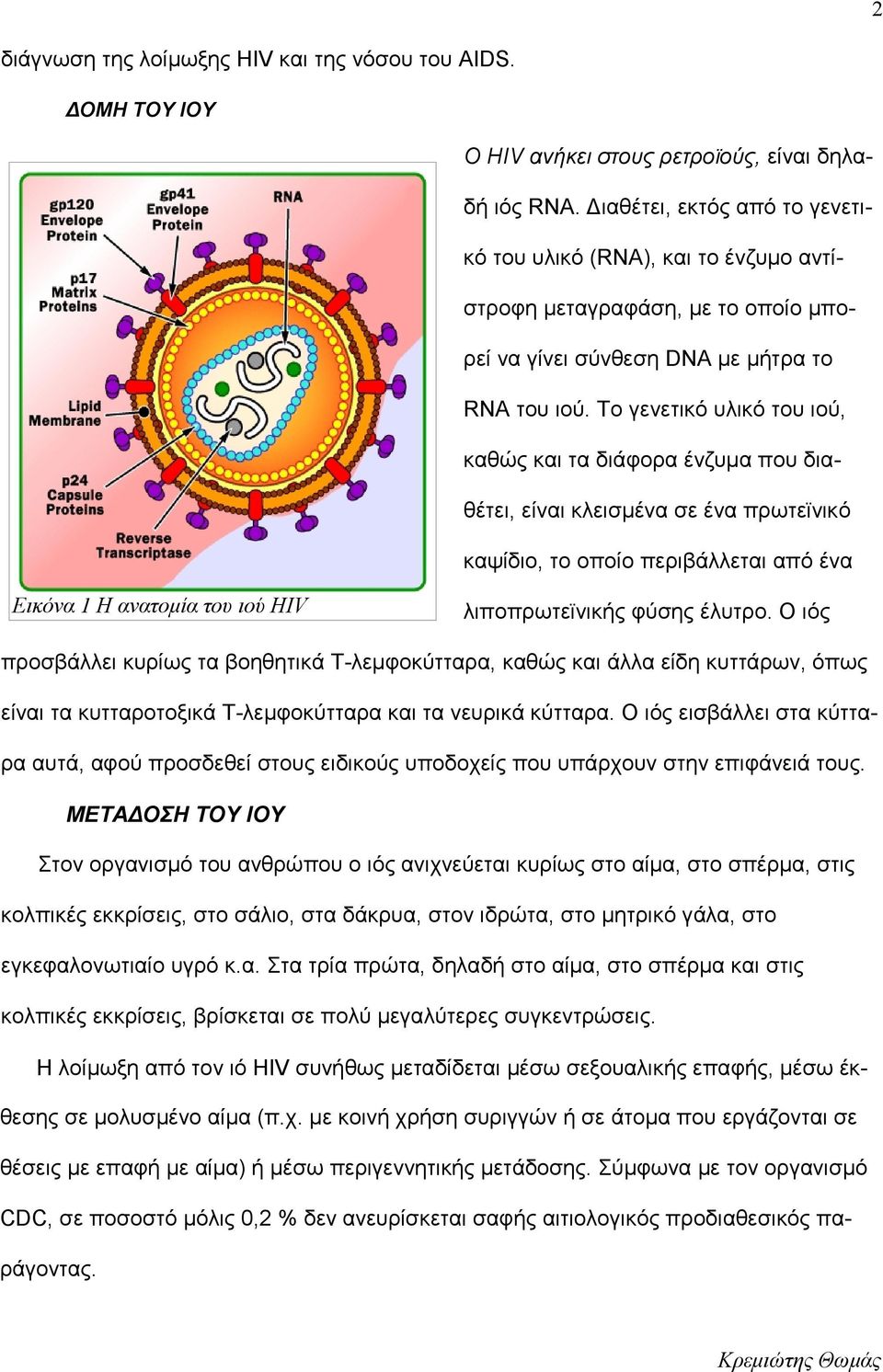 Το γενετικό υλικό του ιού, καθώς και τα διάφορα ένζυμα που διαθέτει, είναι κλεισμένα σε ένα πρωτεϊνικό καψίδιο, το οποίο περιβάλλεται από ένα Εικόνα 1 Η ανατομία του ιού HIV λιποπρωτεϊνικής φύσης