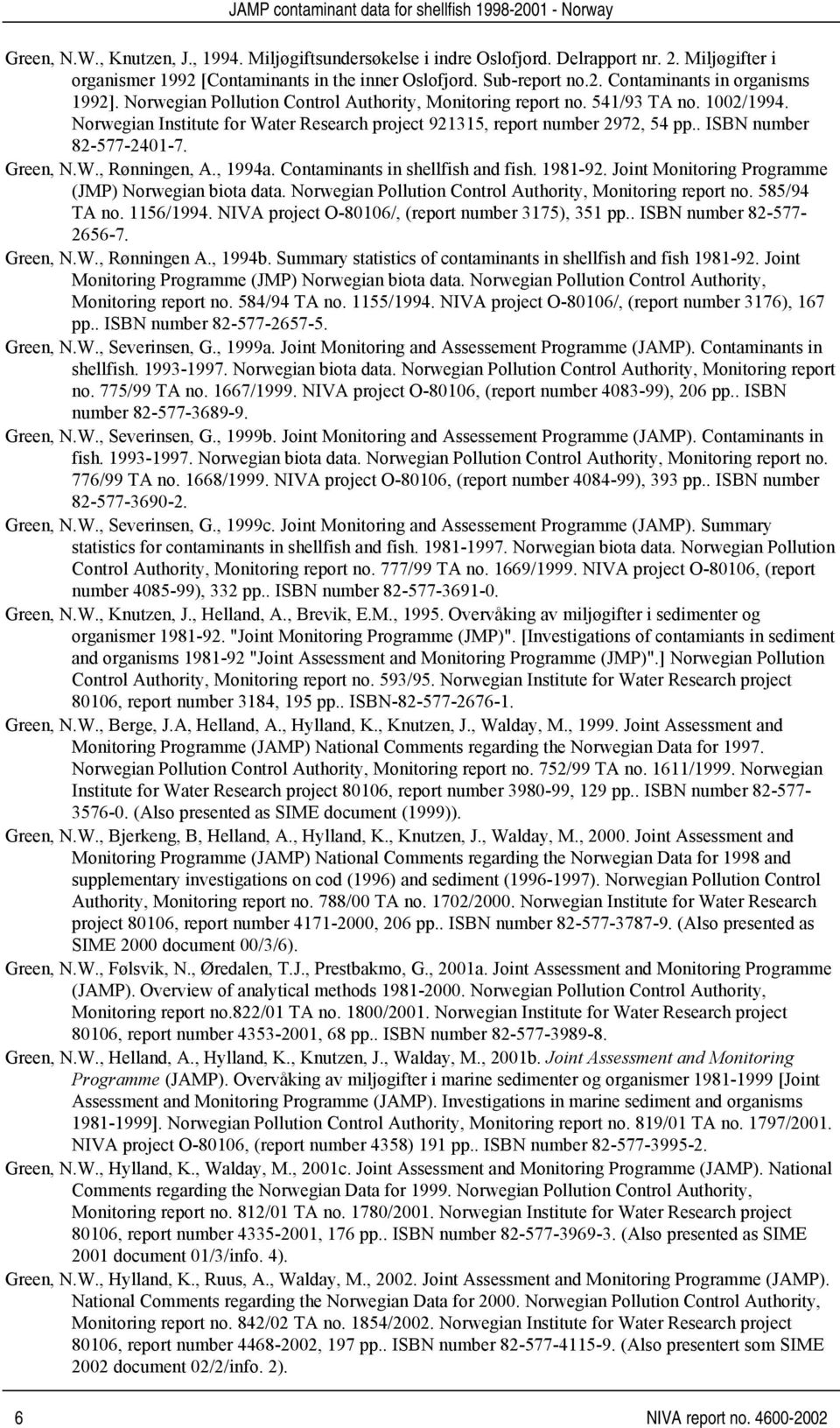 Green, N.W., Rønningen, A., 1994a. Contaminants in shellfish and fish. 1981-92. Joint Monitoring Programme (JMP) Norwegian biota data. Norwegian Pollution Control Authority, Monitoring report no.