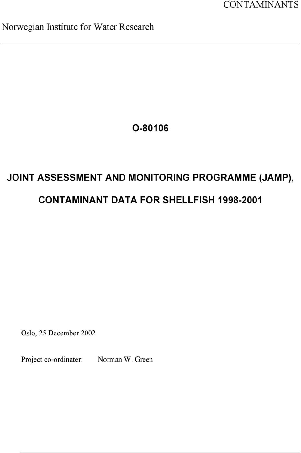 (JAMP), CONTAMINANT DATA FOR SHELLFISH 1998-2001