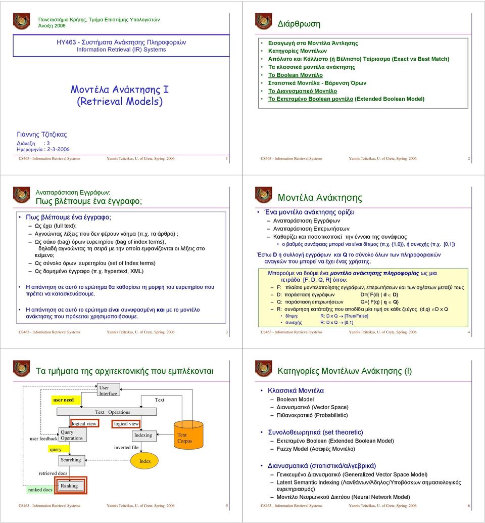 Μοντέλο Το Εκτεταμένο Boolean μοντέλο (Exended Boolean Model) Γιάννης Τζίτζικας ιάλεξη : 3 Ημερομηνία : -3-006 CS463 - Informaion Rerieval Sysems Yannis Tzizikas, U.