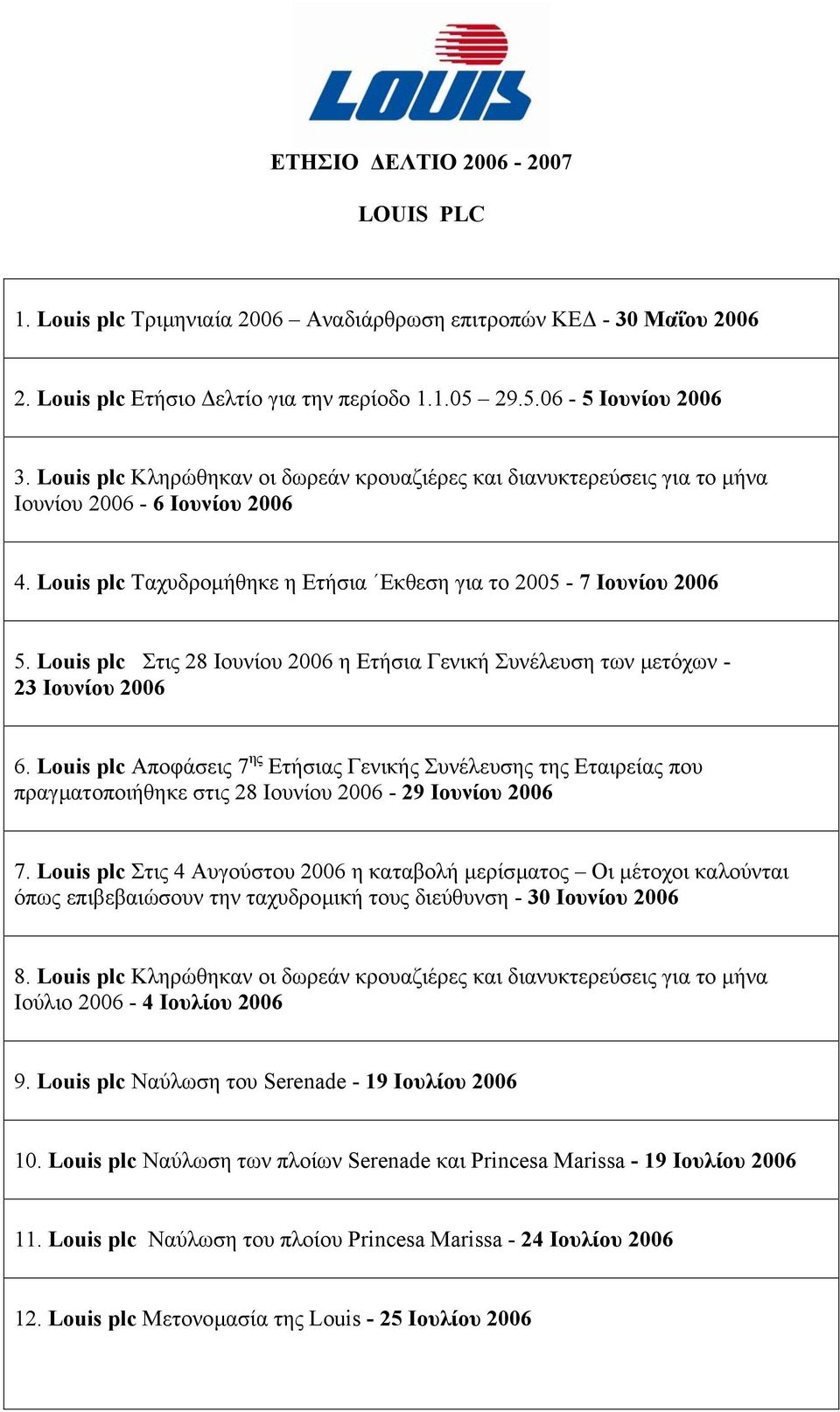 Louis plc Στις 28 Ιουνίου 2006 η Ετήσια Γενική Συνέλευση των µετόχων - 23 Ιουνίου 2006 6.