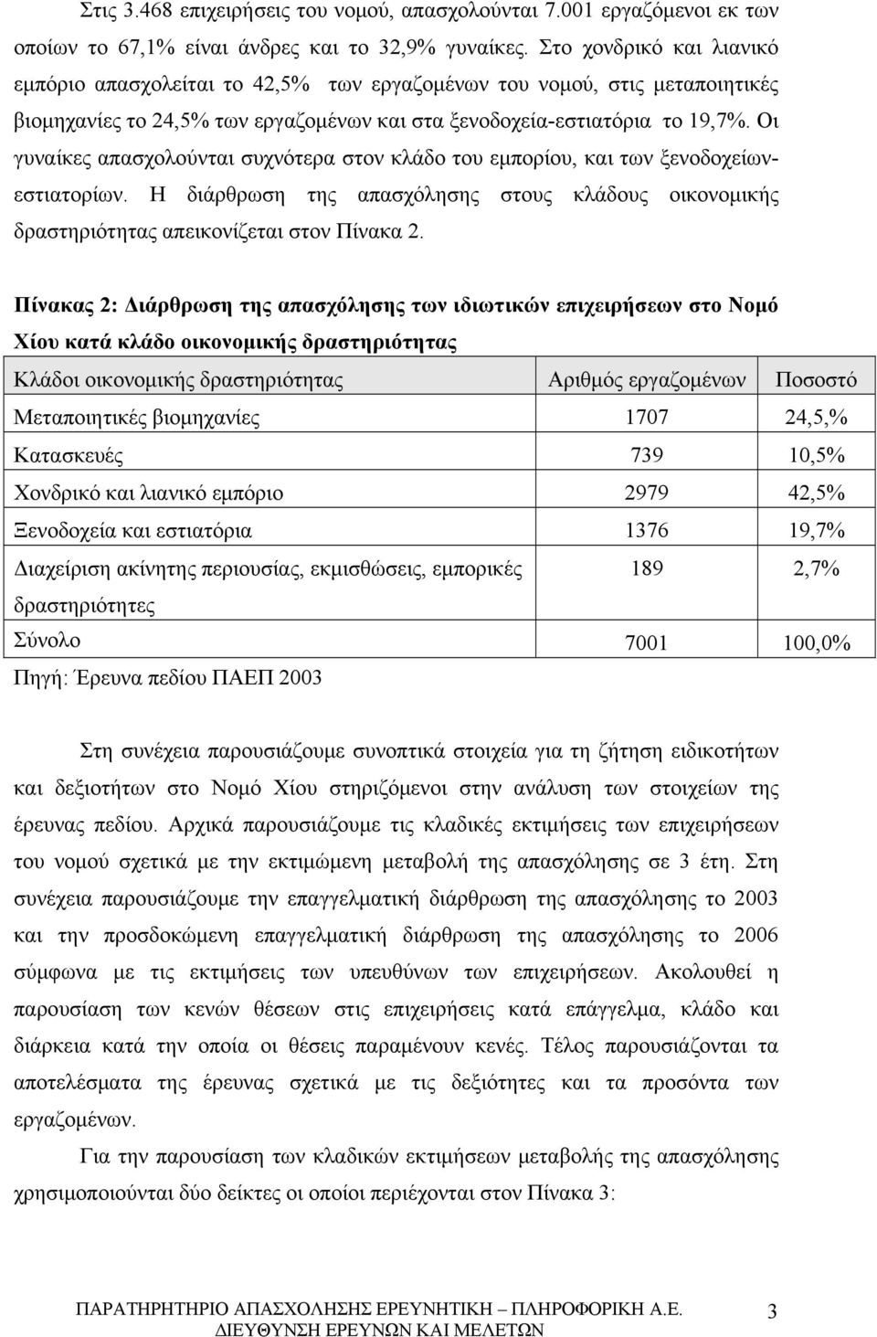 Οι γυναίκες απασχολούνται συχνότερα στον κλάδο του εμπορίου, και των ξενοδοχείωνεστιατορίων. Η διάρθρωση της απασχόλησης στους κλάδους οικονομικής δραστηριότητας απεικονίζεται στον Πίνακα 2.