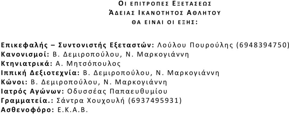 Μαρκογιάννη Κτηνιατρικά: Α. Μητσόπουλος Ιππική Δεξιοτεχνία: Β. Δεμιροπούλου, Ν.