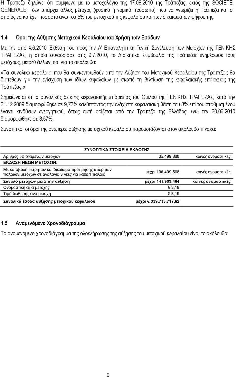 των δικαιωµάτων ψήφου της. 1.4 Όροι της Αύξησης Μετοχικού Κεφαλαίου και Χρήση των Εσόδων Με την από 4.6.