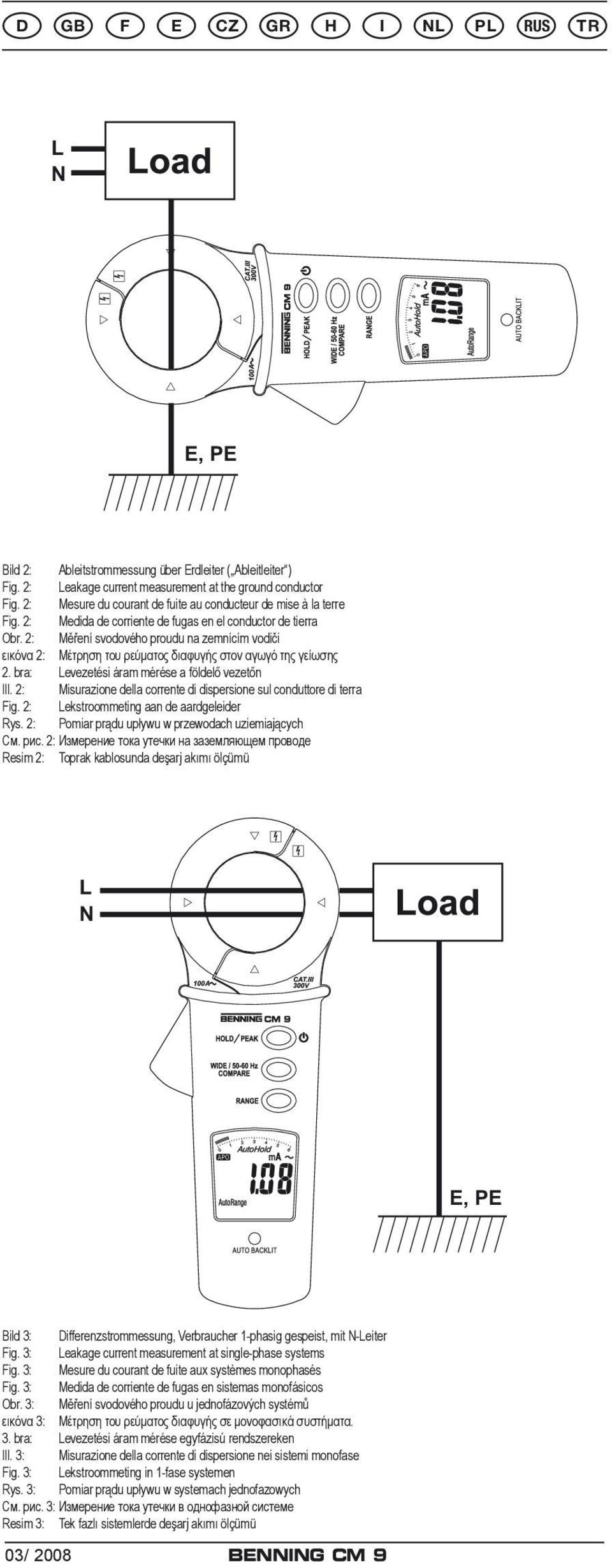2: Měření svodového proudu na zemnícím vodiči εικόνα 2: Μέτρηση του ρεύματος διαφυγής στον αγωγό της γείωσης 2. bra: Levezetési áram mérése a földelő vezetőn Ill.