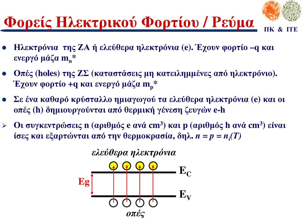 Έχουνφορτίο +qκαιενεργόµάζα m p * Σε ένα καθαρό κρύσταλλο ηµιαγωγού τα ελεύθερα ηλεκτρόνια (e) και οι οπές (h)