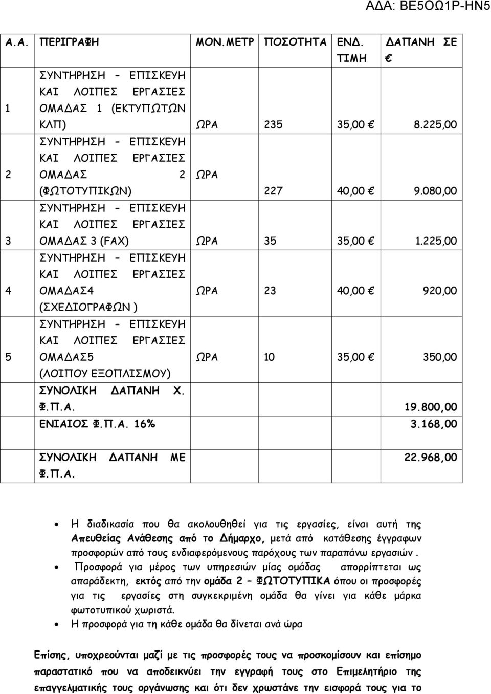 968,00 Η διαδικασία που θα ακολουθηθεί για τις εργασίες, είναι αυτή της Απευθείας Ανάθεσης από το Δήμαρχο, μετά από κατάθεσης έγγραφων προσφορών από τους ενδιαφερόμενους παρόχους των παραπάνω