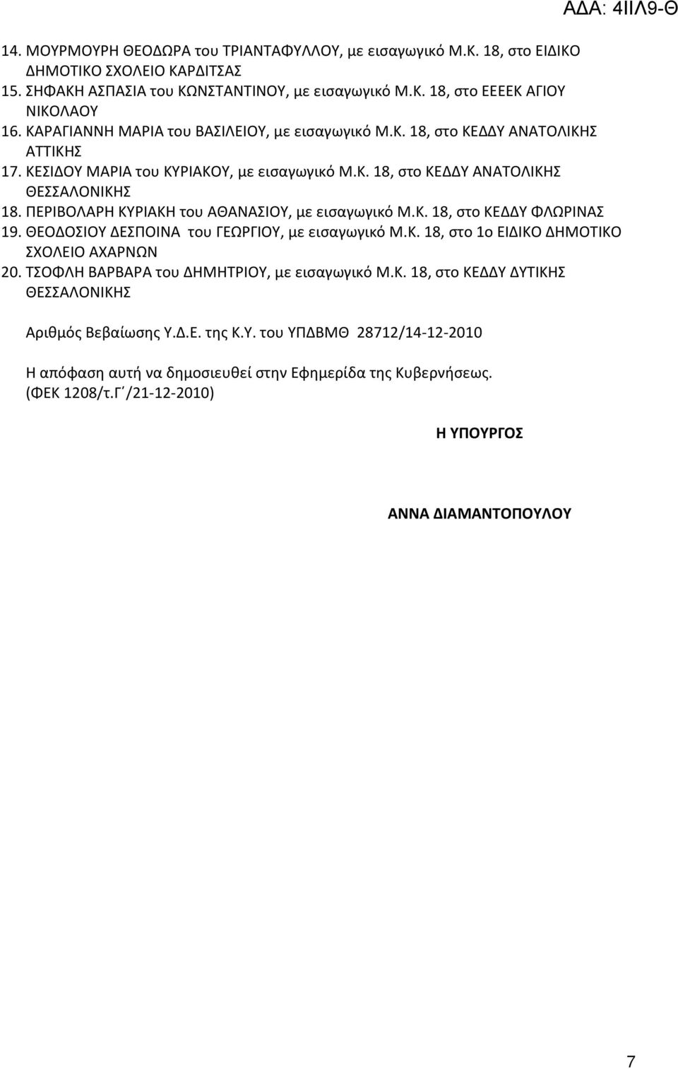 ΠΕΡΙΒΟΛΑΡΗ ΚΥΡΙΑΚΗ του ΑΘΑΝΑΣΙΟΥ, με εισαγωγικό Μ.Κ. 18, στο ΚΕΔΔΥ ΦΛΩΡΙΝΑΣ 19. ΘΕΟΔΟΣΙΟΥ ΔΕΣΠΟΙΝΑ του ΓΕΩΡΓΙΟΥ, με εισαγωγικό Μ.Κ. 18, στο 1ο ΕΙΔΙΚΟ ΔΗΜΟΤΙΚΟ ΣΧΟΛΕΙΟ ΑΧΑΡΝΩΝ 20.