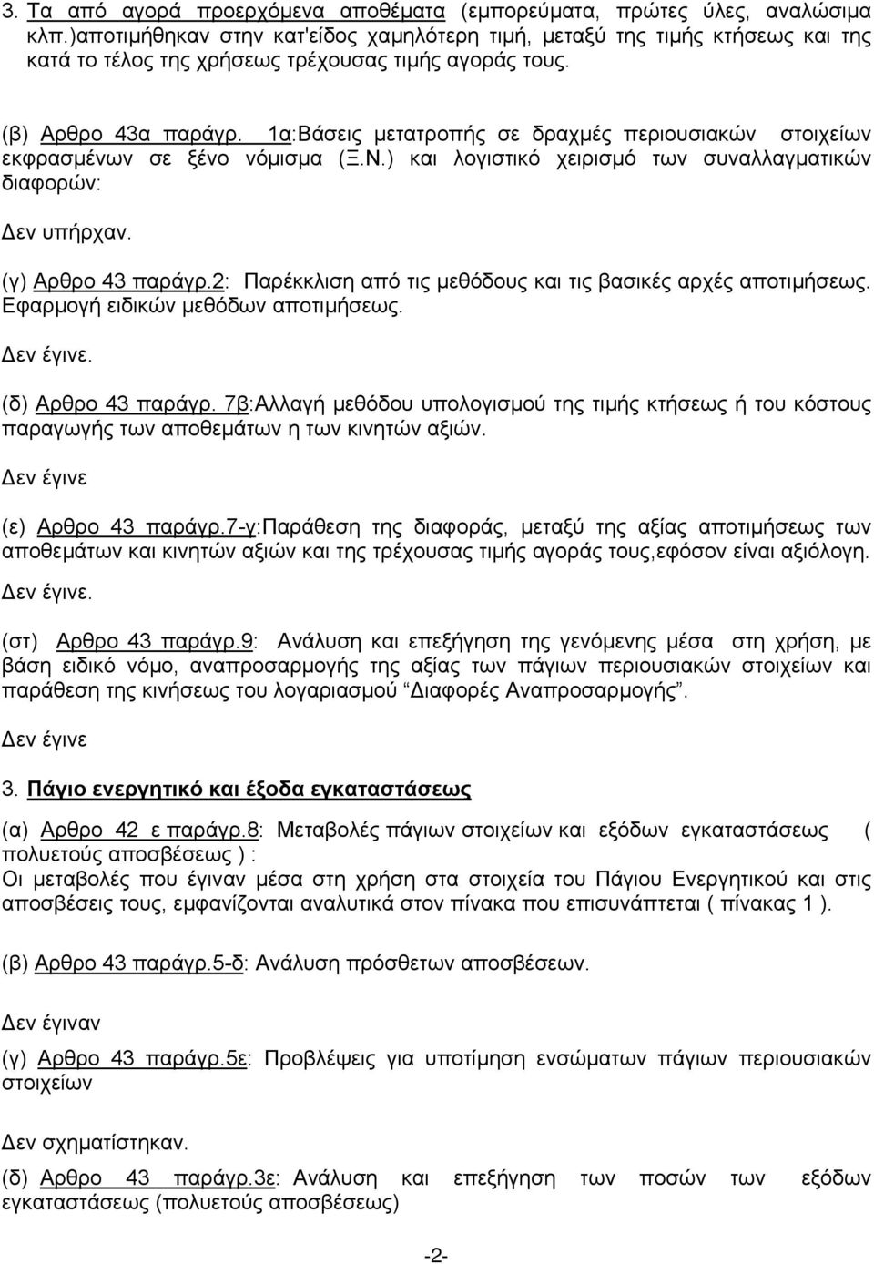 1α:Βάσεις µετατροπής σε δραχµές περιουσιακών στοιχείων εκφρασµένων σε ξένο νόµισµα (Ξ.Ν.) και λογιστικό χειρισµό των συναλλαγµατικών διαφορών: εν υπήρχαν. (γ) Αρθρο 43 παράγρ.