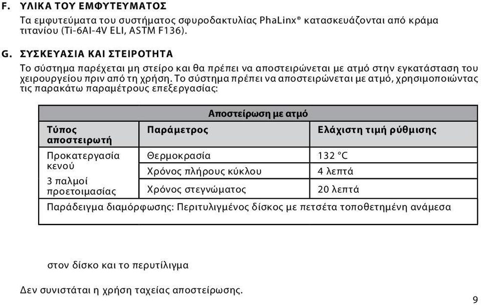 Το σύστημα πρέπει να αποστειρώνεται με ατμό, χρησιμοποιώντας τις παρακάτω παραμέτρους επεξεργασίας: Τύπος αποστειρωτή Προκατεργασία κενού 3 παλμοί προετοιμασίας Αποστείρωση με ατμό