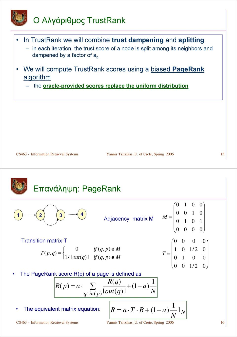 neighbos nd dmpened by fcto of b We will compute TustRnk scoes using bised PgeRnk lgoithm the ocle-povided scoes eplce the unifom distibution  of Cete, Sping