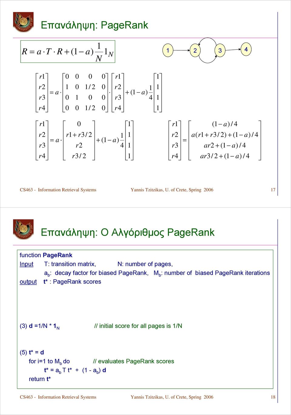 Επανάληψη: Ο Αλγόριθμος PgeRnk function PgeRnk Input T: tnsition mtix, N: numbe of pges, b : decy fcto fo bised PgeRnk, M b : numbe