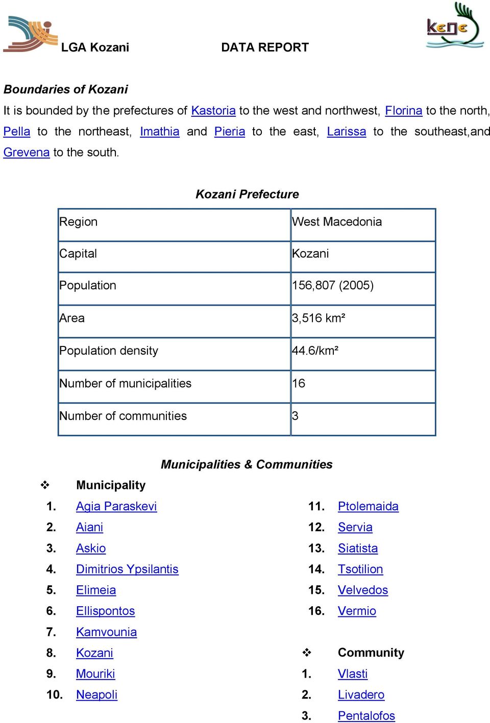 6/km² Number of municipalities 16 Number of communities 3 Municipalities & Communities Municipality 1. Agia Paraskevi 11. Ptolemaida 2. Aiani 12. Servia 3. Askio 13.