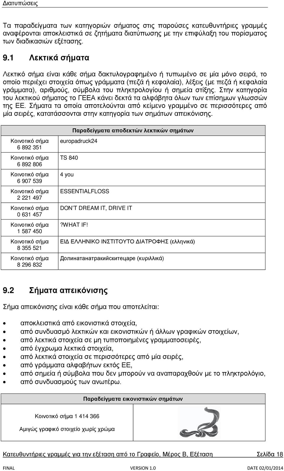 αριθμούς, σύμβολα του πληκτρολογίου ή σημεία στίξης. Στην κατηγορία του λεκτικού σήματος το ΓΕΕΑ κάνει δεκτά τα αλφάβητα όλων των επίσημων γλωσσών της ΕΕ.