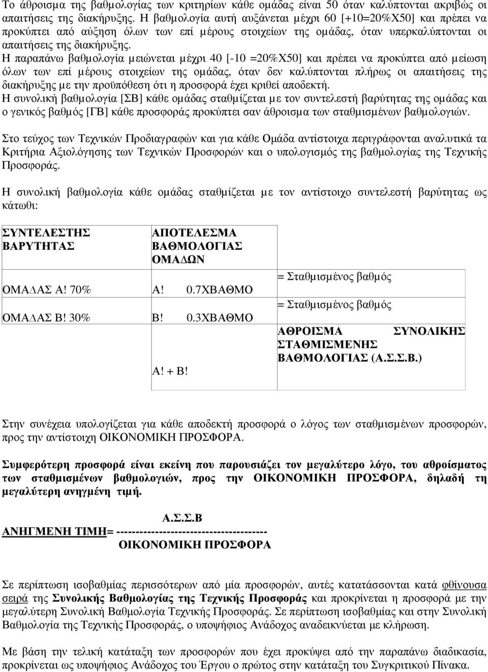 Η παραπάνω βαθµολογία µειώνεται µέχρι 40 [-10 =20%Χ50] και πρέπει να προκύπτει από µείωση όλων των επί µέρους στοιχείων της οµάδας, όταν δεν καλύπτονται πλήρως οι απαιτήσεις της διακήρυξης µε την