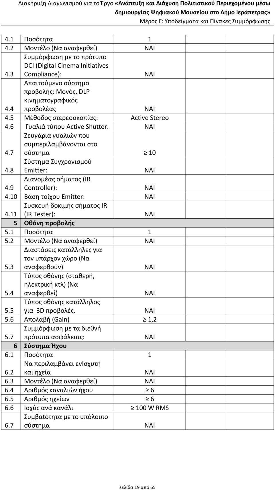 9 Διανομέας σήματος (ΙR Controller): 4.10 Βάση τοίχου Emitter: 4.11 Συσκευή δοκιμής σήματος IR (IR Tester): 5 Οθόνη προβολής 5.1 Ποσότητα 1 5.2 Μοντέλο (Να αναφερθεί) 5.