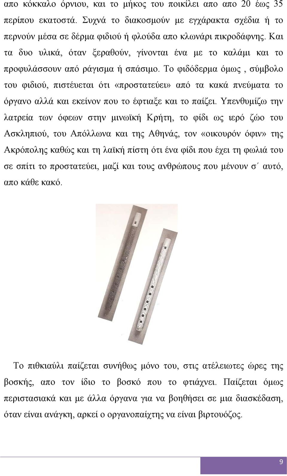 Το φιδόδερμα όμως, σύμβολο του φιδιού, πιστέυεται ότι «προστατεύει» από τα κακά πνεύματα το όργανο αλλά και εκείνον που το έφτιαξε και το παίζει.