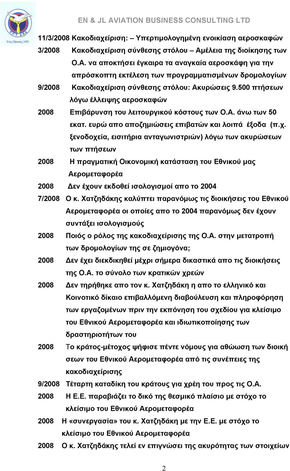 500 πτήσεων λόγω έλλειψης αεροσκαφών 2008 Επιβάρυνση του λειτουργικού κόστους των Ο.Α. άνω των 50 εκατ. ευρώ απο αποζημιώσεις επιβατών και λοιπά έξοδα (π.χ.