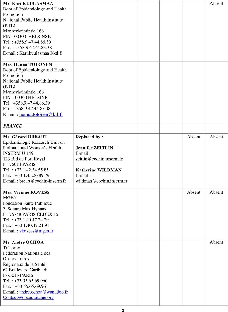 38 hanna.tolonen@ktl.fi )5$1&( 0U*pUDUG%5($57 Epidemiologie Research Unit on Perinatal and Women s Health INSERM U 149 123 Bld de Port Royal F - 75014 PARIS Tel. : +33.1.42.34.55.85 Fa. : +33.1.43.26.