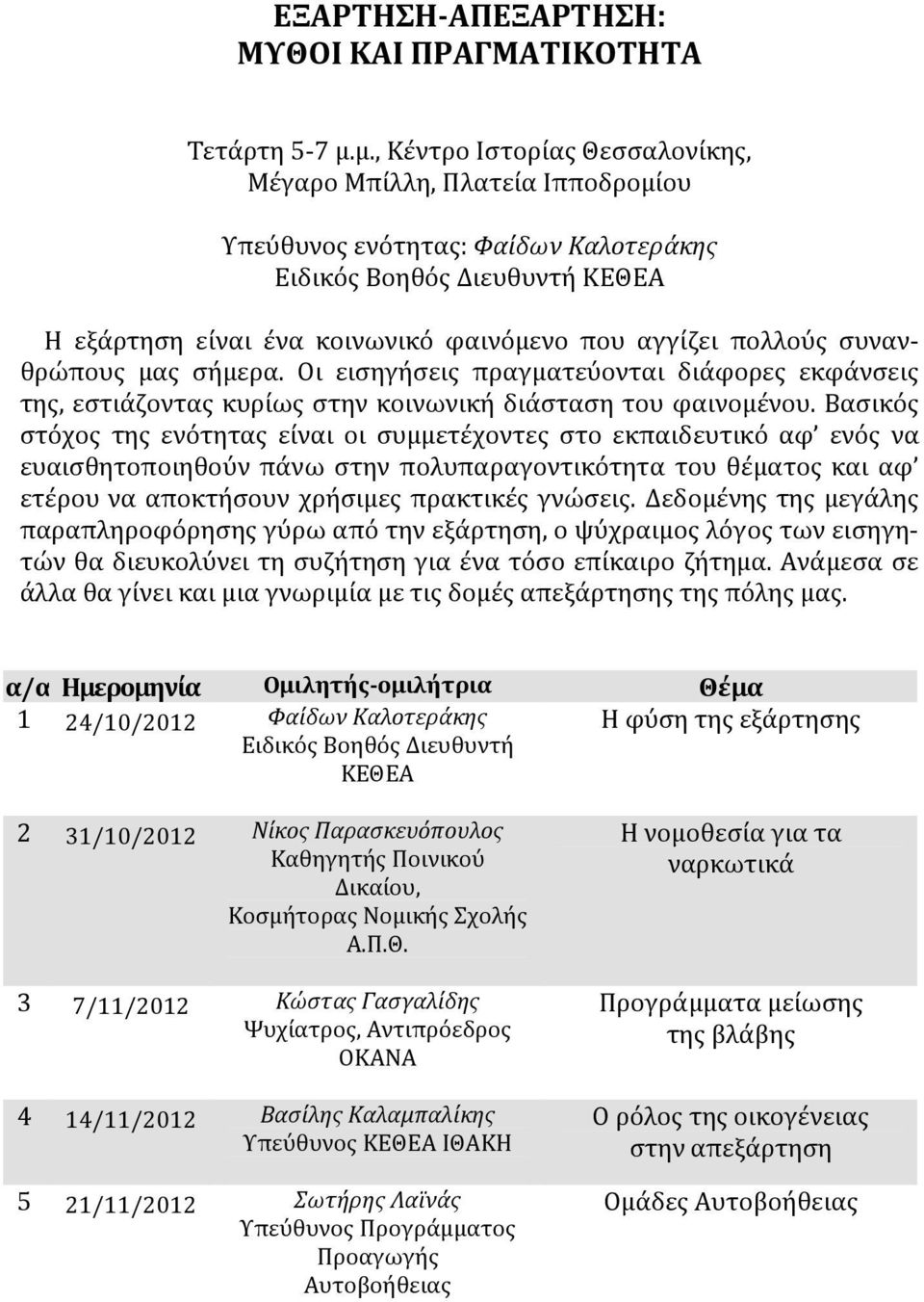 συνανθρώπους μας σήμερα. Οι εισηγήσεις πραγματεύονται διάφορες εκφάνσεις της, εστιάζοντας κυρίως στην κοινωνική διάσταση του φαινομένου.