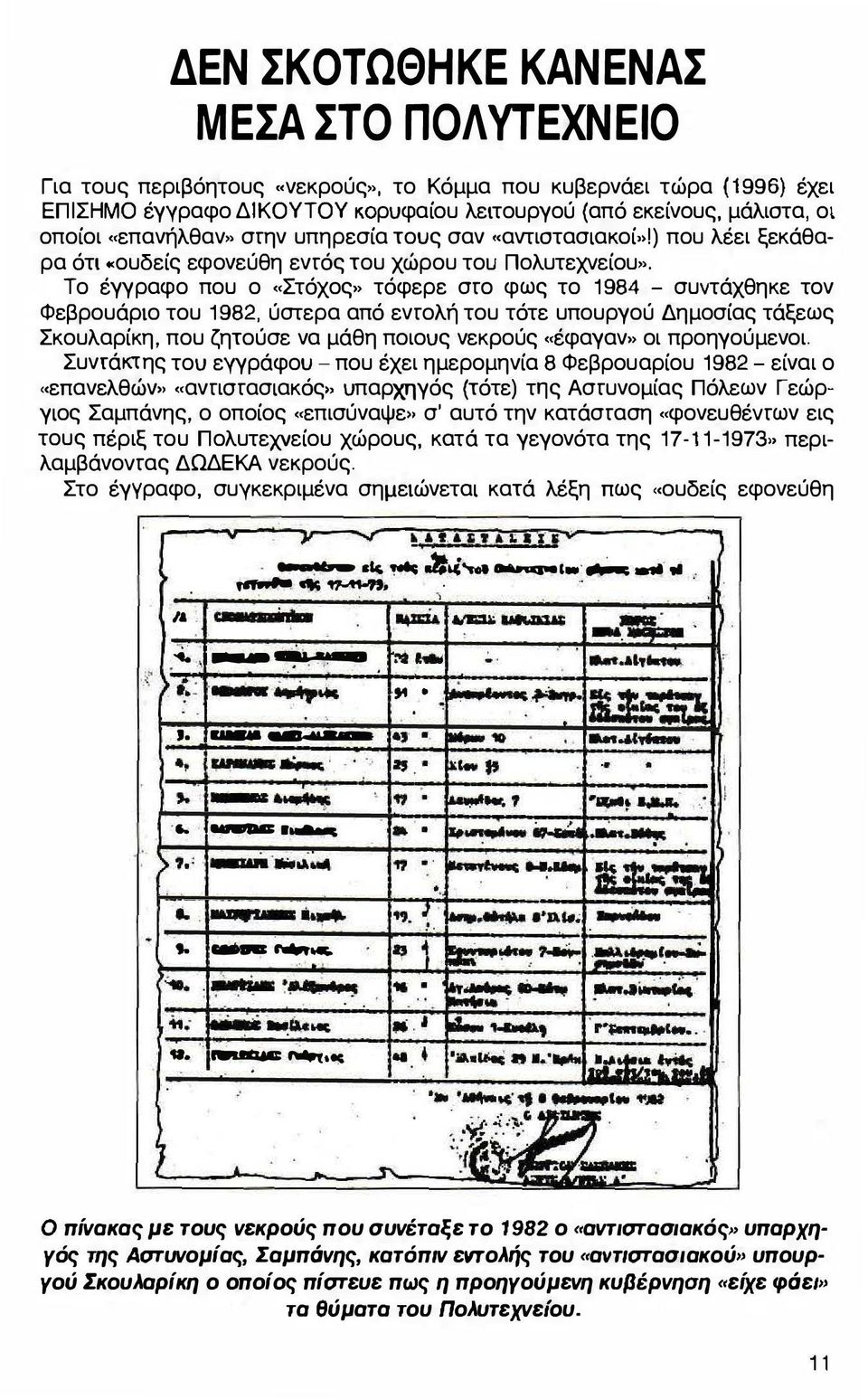 Το έγγραφο που ο «Στόχος» τόφερε στο φως το 1984 - συντάχθηκε τον Φεβρουάριο του 1982, ύστερα από εντολή του τότε υπουργού Δημοσίας τάξεως Σκουλαρίκη, που ζητούσε να μάθη ποιους νεκρούς «έφαγαν» οι