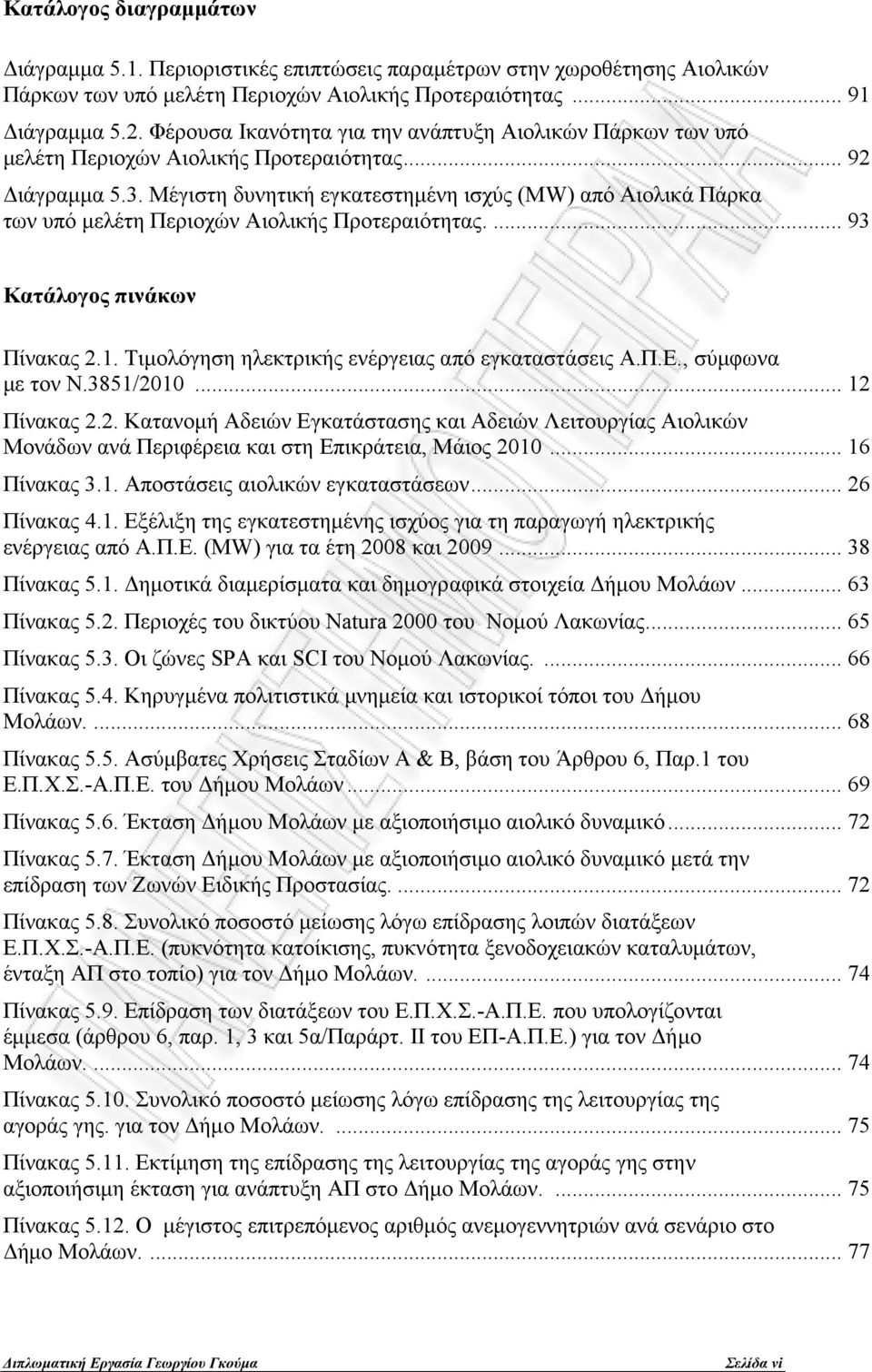 Μέγιστη δυνητική εγκατεστημένη ισχύς (ΜW) από Αιολικά Πάρκα των υπό μελέτη Περιοχών Αιολικής Προτεραιότητας.... 93 Κατάλογος πινάκων Πίνακας 2.1. Τιμολόγηση ηλεκτρικής ενέργειας από εγκαταστάσεις Α.Π.Ε.