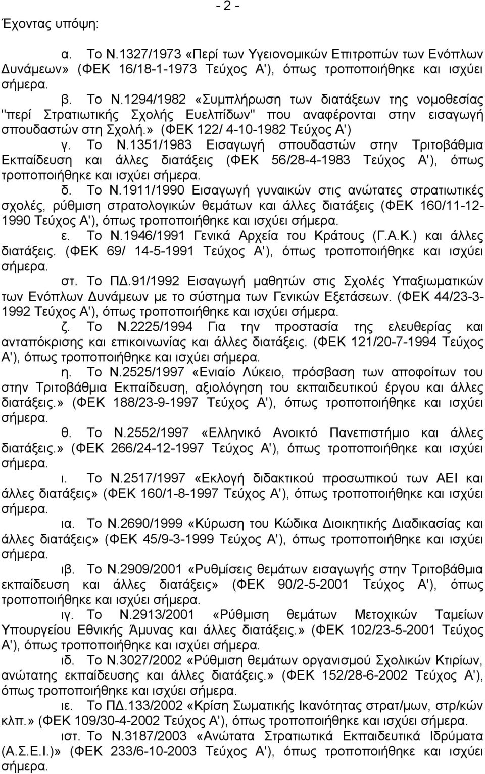 1351/1983 Εισαγωγή σπουδαστών στην Τριτοβάθμια Εκπαίδευση και άλλες διατάξεις (ΦΕΚ 56/28-4-1983 Τεύχος Α'), όπως τροποποιήθηκε και ισχύει σήμερα. δ. Το Ν.