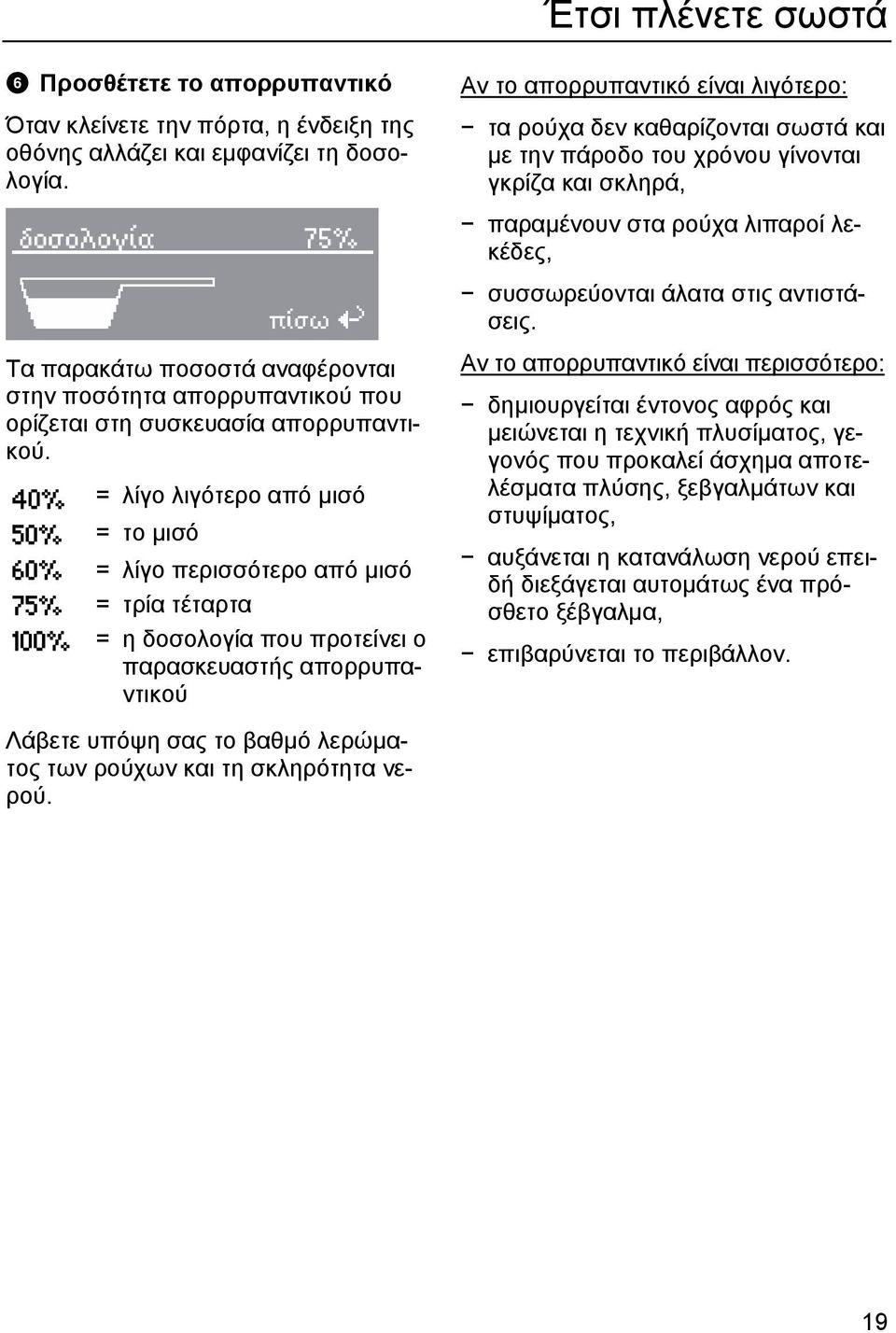 40% 50% 60% 75% 100% = λίγο λιγότερο από µισό = το µισό = λίγο περισσότερο από µισό = τρία τέταρτα = η δοσολογία που προτείνει ο παρασκευαστής απορρυπαντικού Αν το απορρυπαντικό είναι λιγότερο: τα