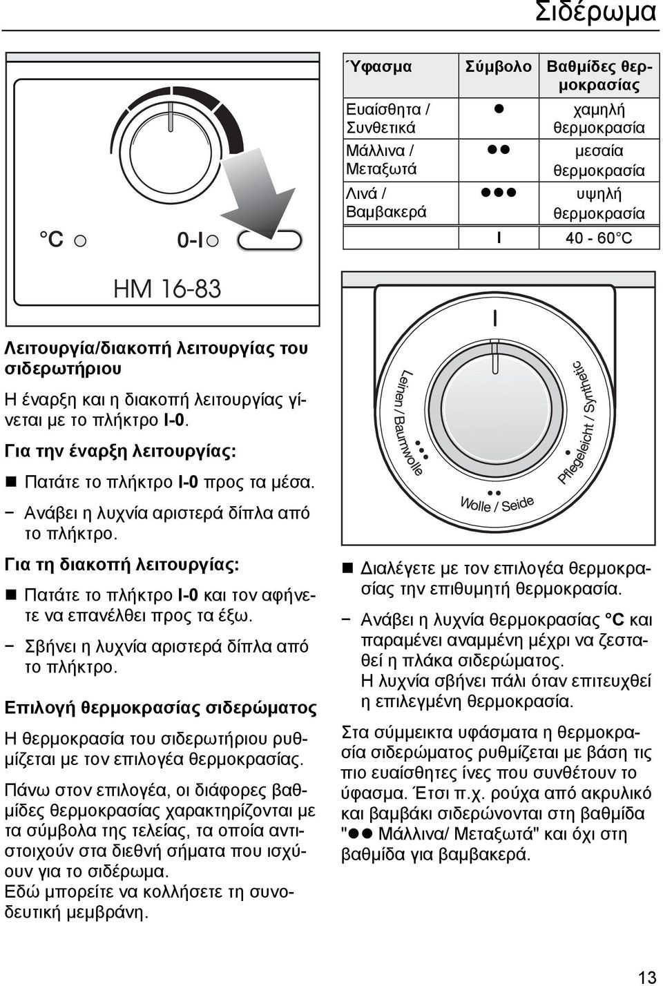 Ανάβει η λυχνία αριστερά δίπλα από το πλήκτρο. Για τη διακοπή λειτουργίας: Πατάτε το πλήκτρο Ι-0 και τον αφήνετε να επανέλθει προς τα έξω. Σβήνει η λυχνία αριστερά δίπλα από το πλήκτρο.