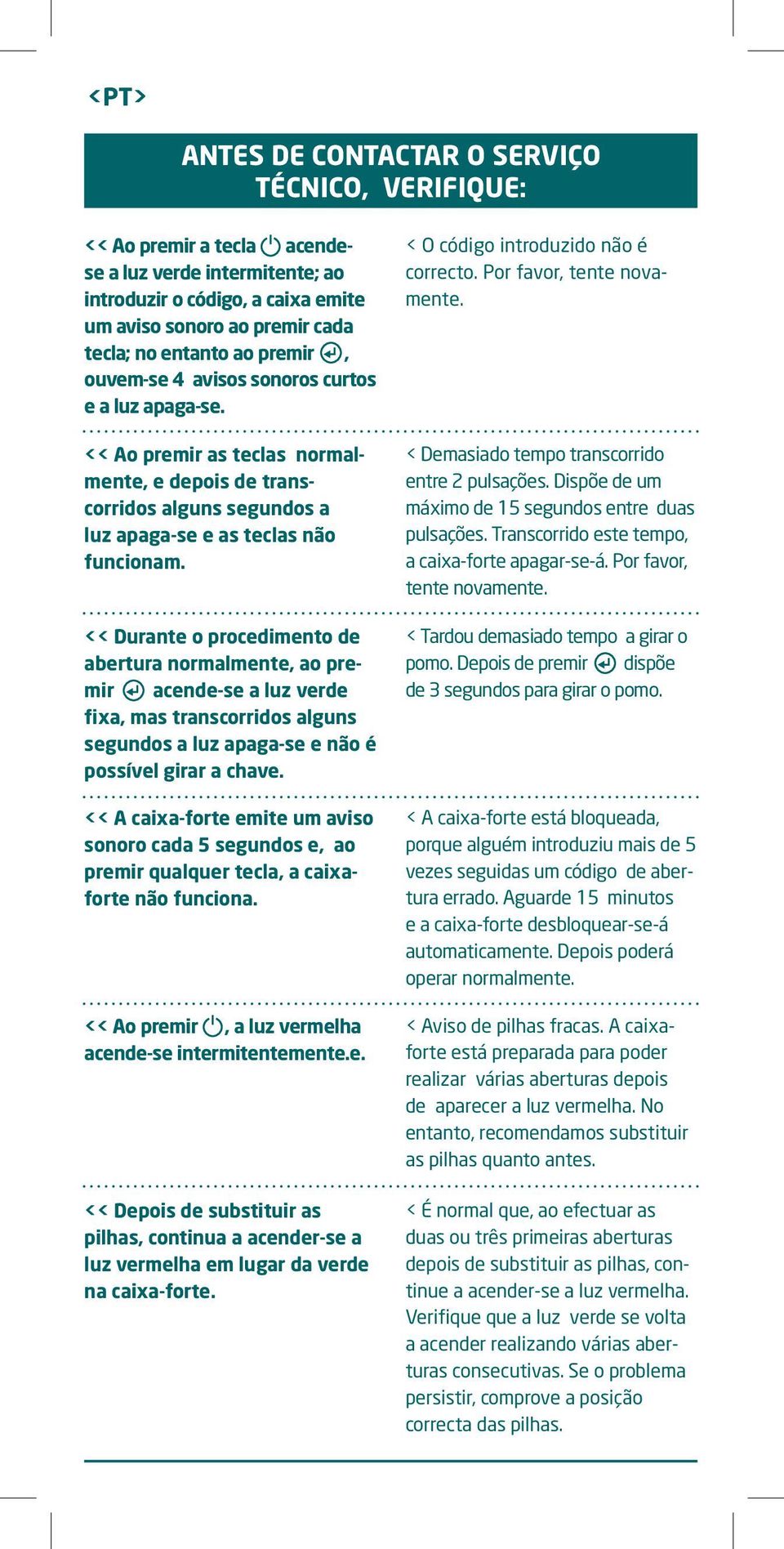 << Durante o procedimento de abertura normalmente, ao premir acende-se a luz verde fixa, mas transcorridos alguns segundos a luz apaga-se e não é possível girar a chave.