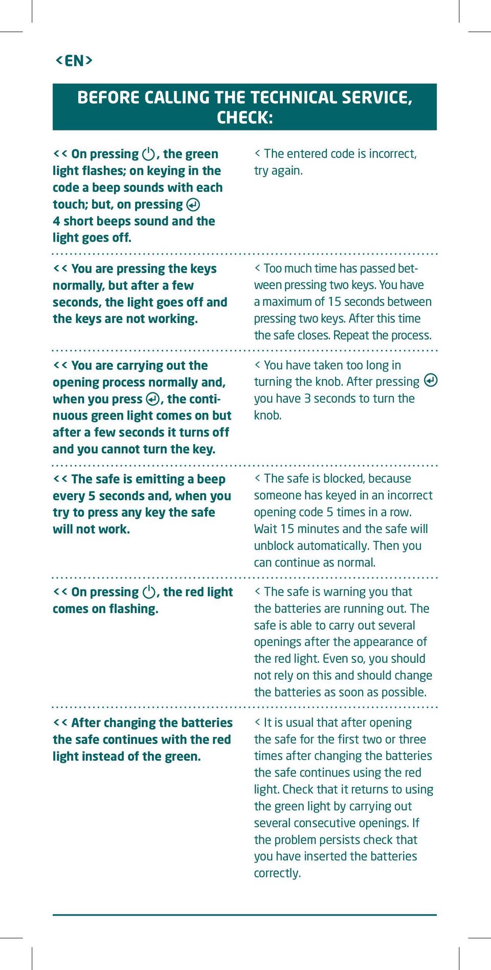 << You are carrying out the opening process normally and, when you press, the continuous green light comes on but after a few seconds it turns off and you cannot turn the key.