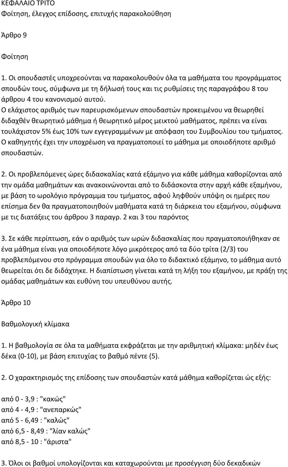 Ο ελάχιστος αριθμός των παρευρισκόμενων σπουδαστών προκειμένου να θεωρηθεί διδαχθέν θεωρητικό μάθημα ή θεωρητικό μέρος μεικτού μαθήματος, πρέπει να είναι τουλάχιστον 5% έως 10% των εγγεγραμμένων με