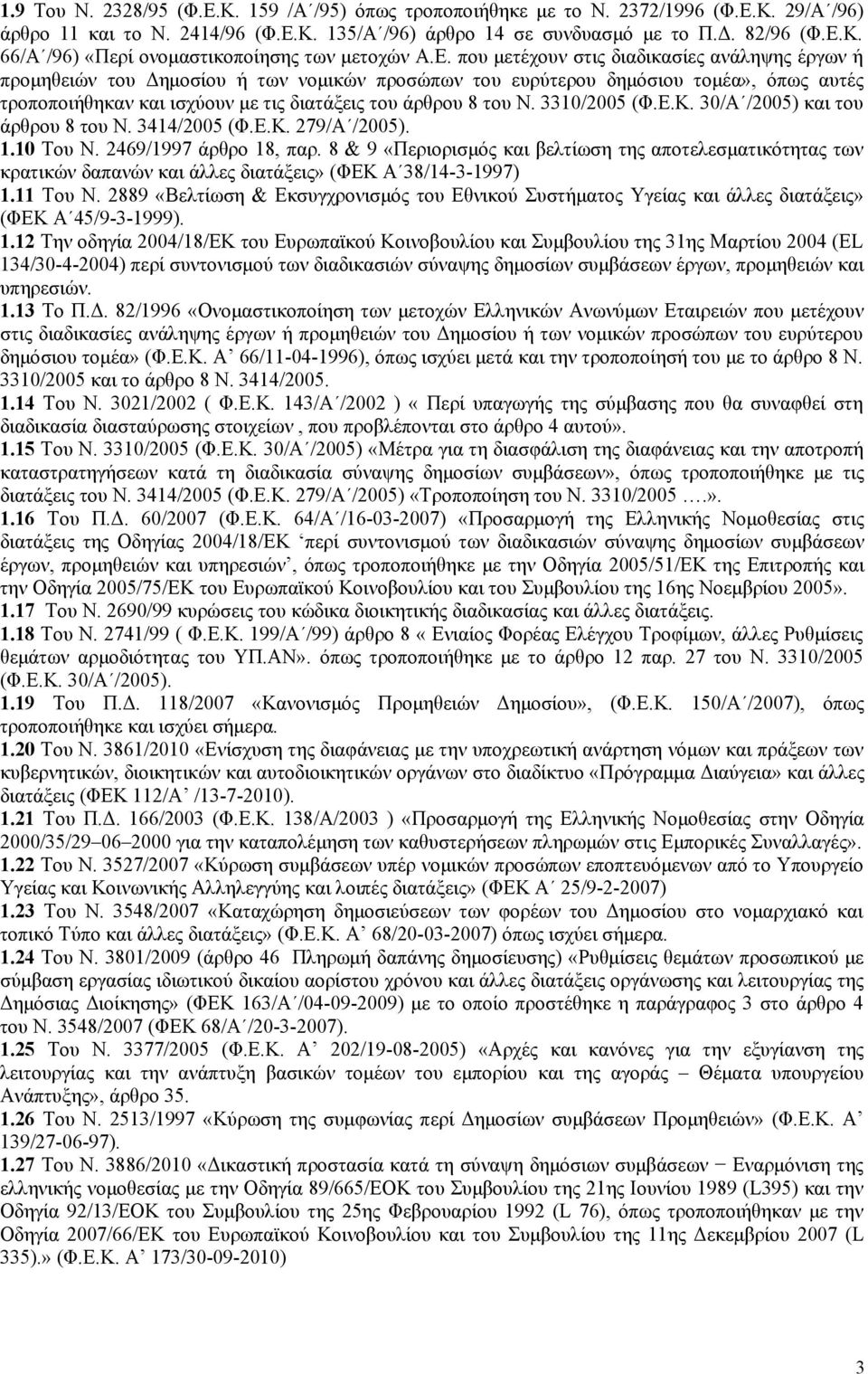 Ν. 3310/2005 (Φ.Ε.Κ. 30/Α /2005) και του άρθρου 8 του Ν. 3414/2005 (Φ.Ε.Κ. 279/Α /2005). 1.10 Του Ν. 2469/1997 άρθρο 18, παρ.