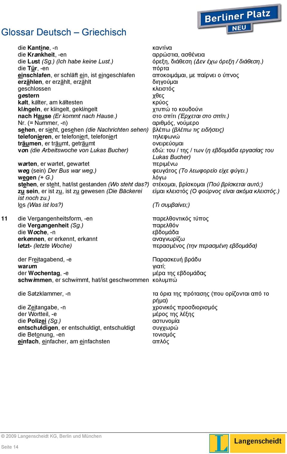 kältesten κρύος klingeln, er klingelt, geklingelt χτυπώ το κουδούνι nach Hause (Er kommt nach Hause.) στο σπίτι (Έρχεται στο σπίτι.) Nr.