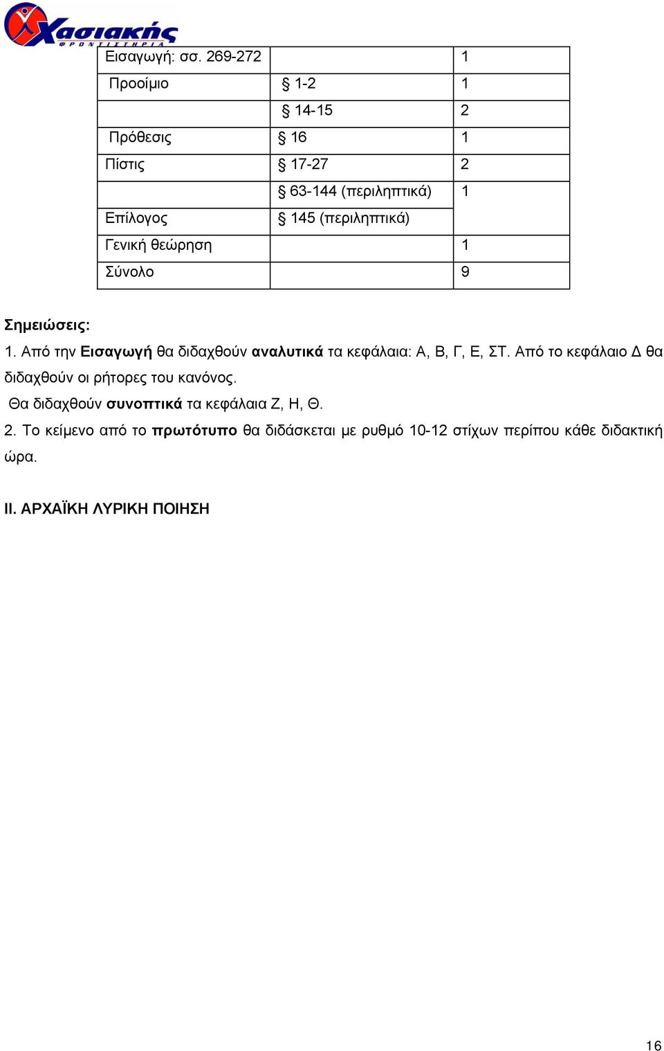 Γενική θεώρηση 1 Σύνολο 9 Σηµειώσεις: 1. Από την Εισαγωγή θα διδαχθούν αναλυτικά τα κεφάλαια: Α, Β, Γ, Ε, ΣΤ.