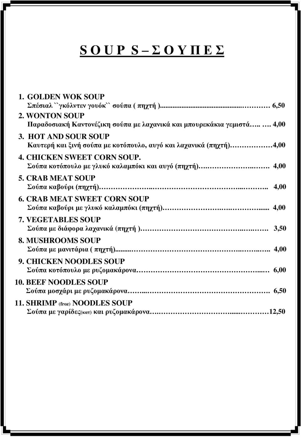CRAB MEAT SOUP Σούπα καβούρι (πηχτή)....... 4,00 6. CRAB MEAT SWEET CORN SOUP Σούπα καβούρι με γλυκό καλαμπόκι (πηχτή)..... 4,00 7. VEGETABLES SOUP Σούπα με διάφορα λαχανικά (πηχτή ).... 3,50 8.