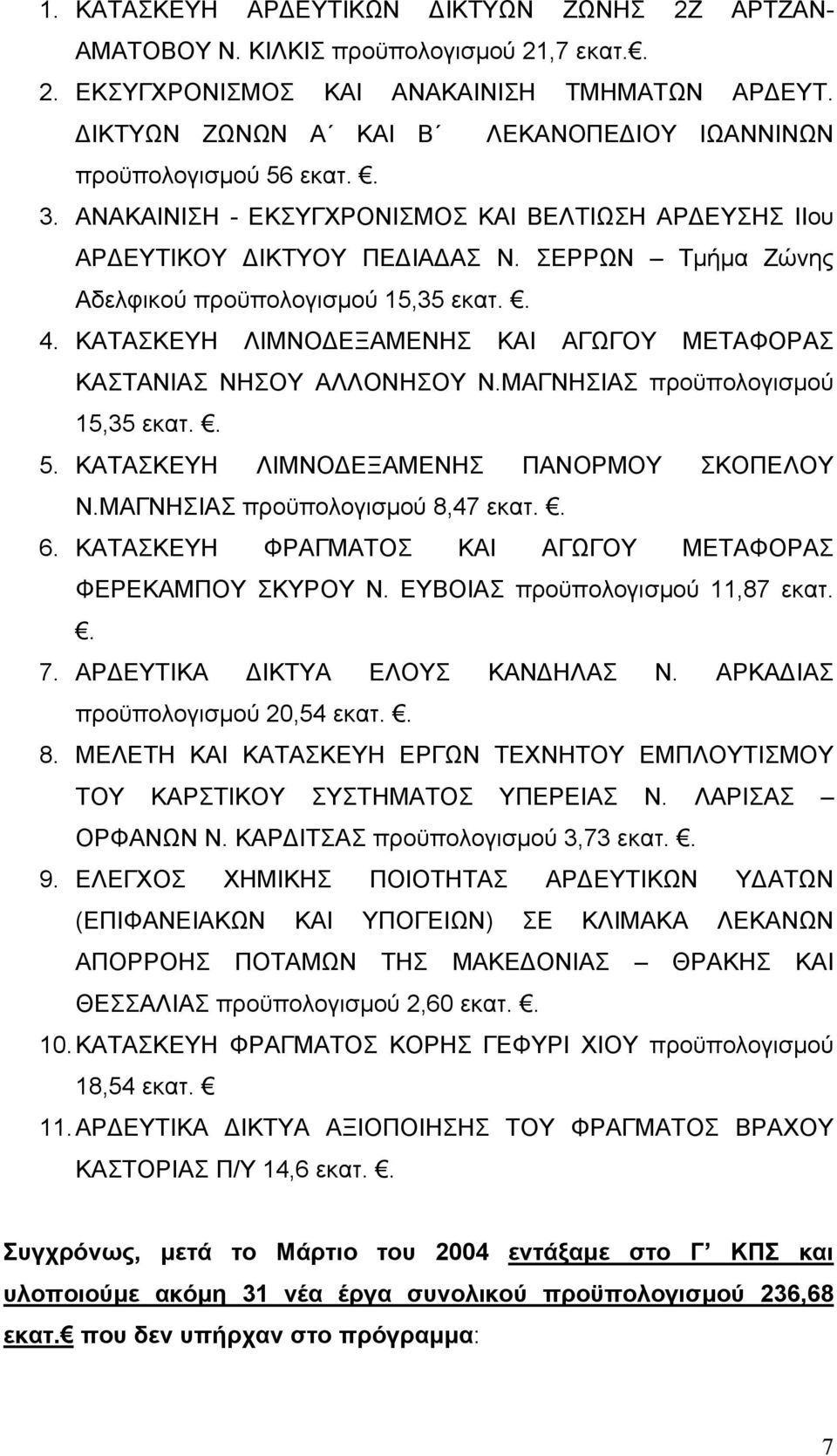 ΣΕΡΡΩΝ Τµήµα Ζώνης Αδελφικού προϋπολογισµού 15,35 εκατ.. 4. ΚΑΤΑΣΚΕΥΗ ΛΙΜΝΟ ΕΞΑΜΕΝΗΣ ΚΑΙ ΑΓΩΓΟΥ ΜΕΤΑΦΟΡΑΣ ΚΑΣΤΑΝΙΑΣ ΝΗΣΟΥ ΑΛΛΟΝΗΣΟΥ Ν.ΜΑΓΝΗΣΙΑΣ προϋπολογισµού 15,35 εκατ.. 5.