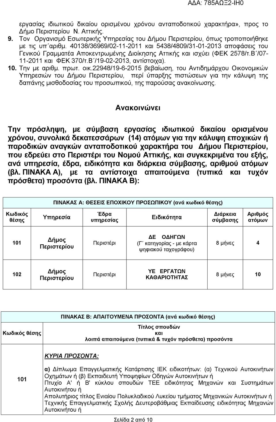 40138/36969/02-11-2011 και 5438/4809/31-01-2013 αποφάσεις του Γενικού Γραμματέα Αποκεντρωμένης Διοίκησης Αττικής και ισχύει (ΦΕΚ 2578/τ.Β /07-11-2011 και ΦΕΚ 370/τ.Β /19-02-2013, αντίστοιχα). 10.