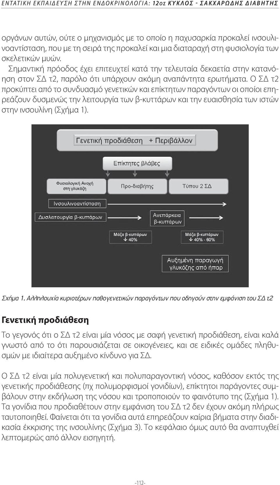 Ο ΣΔ τ2 προκύπτει από το συνδυασμό γενετικών και επίκτητων παραγόντων οι οποίοι επηρεάζουν δυσμενώς την λειτουργία των β-κυττάρων και την ευαισθησία των ιστών στην ινσουλίνη (Σχήμα 1). Σχήµα 1.