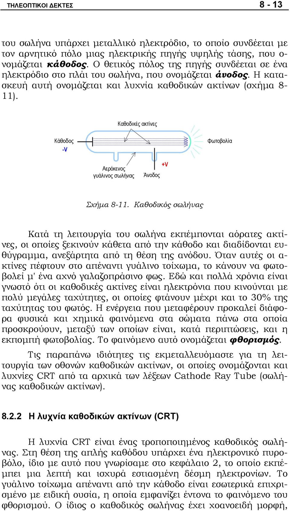 Καθοδικές ακτίνες Κάθοδος -V Φωτοβολία Αερόκενος γυάλινος σωλήνας Άνοδος +V Σχήμα 8-11.