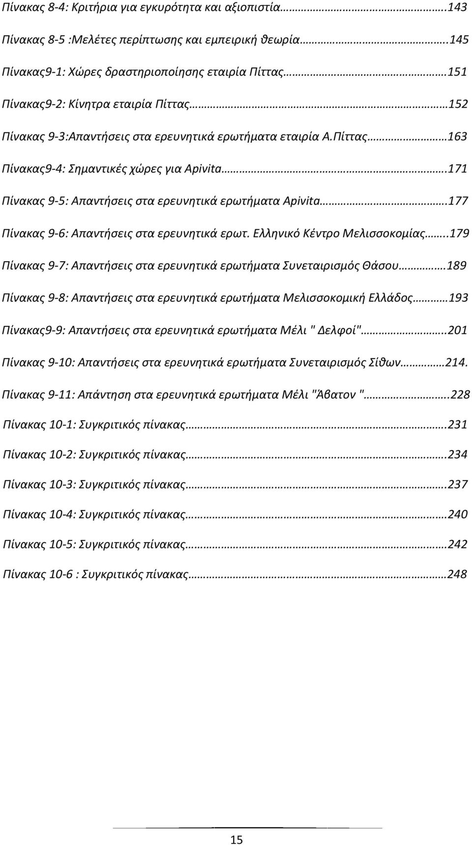 171 Ρίνακασ 9-5: Απαντιςεισ ςτα ερευνθτικά ερωτιματα Apivita.177 Ρίνακασ 9-6: Απαντιςεισ ςτα ερευνθτικά ερωτ. Ελλθνικό Κζντρο Μελιςςοκομίασ.