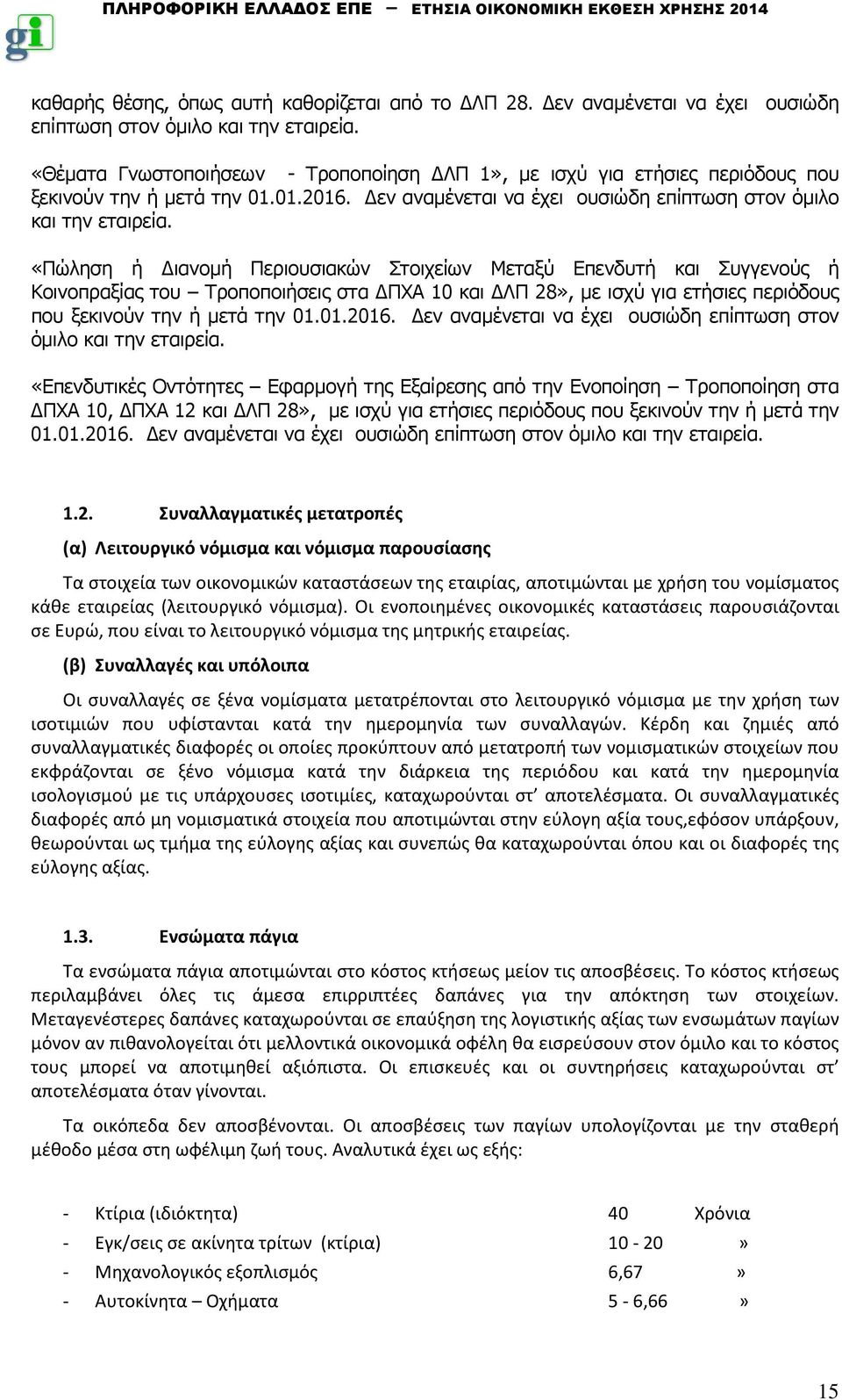 «Πώληση ή ιανοµή Περιουσιακών Στοιχείων Μεταξύ Επενδυτή και Συγγενούς ή Κοινοπραξίας του Τροποποιήσεις στα ΠΧΑ 10 και ΛΠ 28», µε ισχύ για ετήσιες περιόδους που ξεκινούν την ή µετά την 01.01.2016.