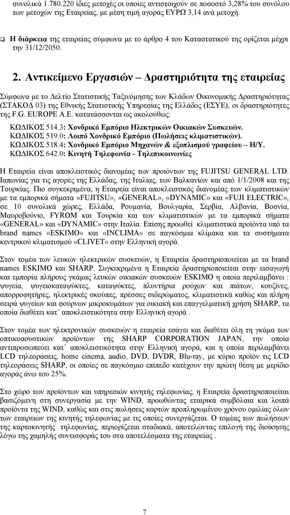 Αντικείμενο Εργασιών Δραστηριότητα της εταιρείας Σύμφωνα με το Δελτίο Στατιστικής Ταξινόμησης των Κλάδων Οικονομικής Δραστηριότητας (ΣΤΑΚΟΔ 03) της Εθνικής Στατιστικής Υπηρεσίας της Ελλάδος (ΕΣΥΕ),